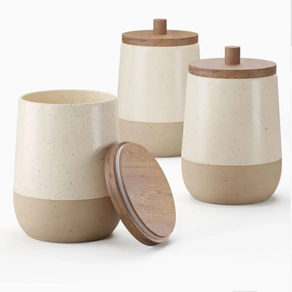 Farmhouse Ceramic Canister Set Country Cottage Beige Wooden Lids Eclectic